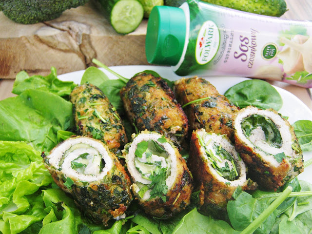 Rolled pork with baby spinach in parsley coating